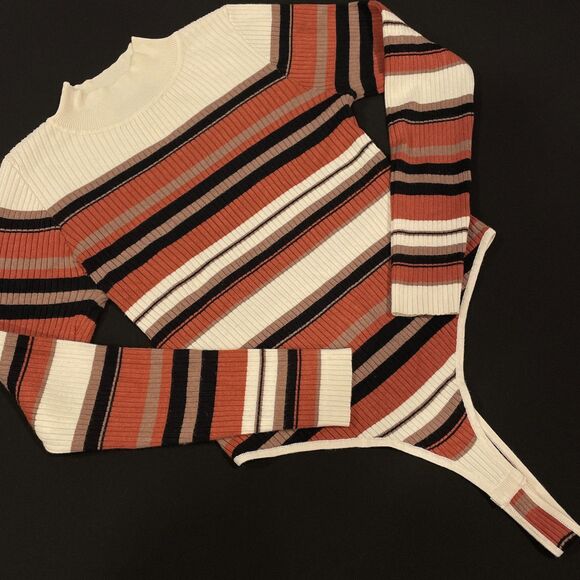 ~ Bodysuit XL Thong Stripe Knit* Mock Turtleneck Long Sleeve Snaps Brown Cream - Picture 5 of 13